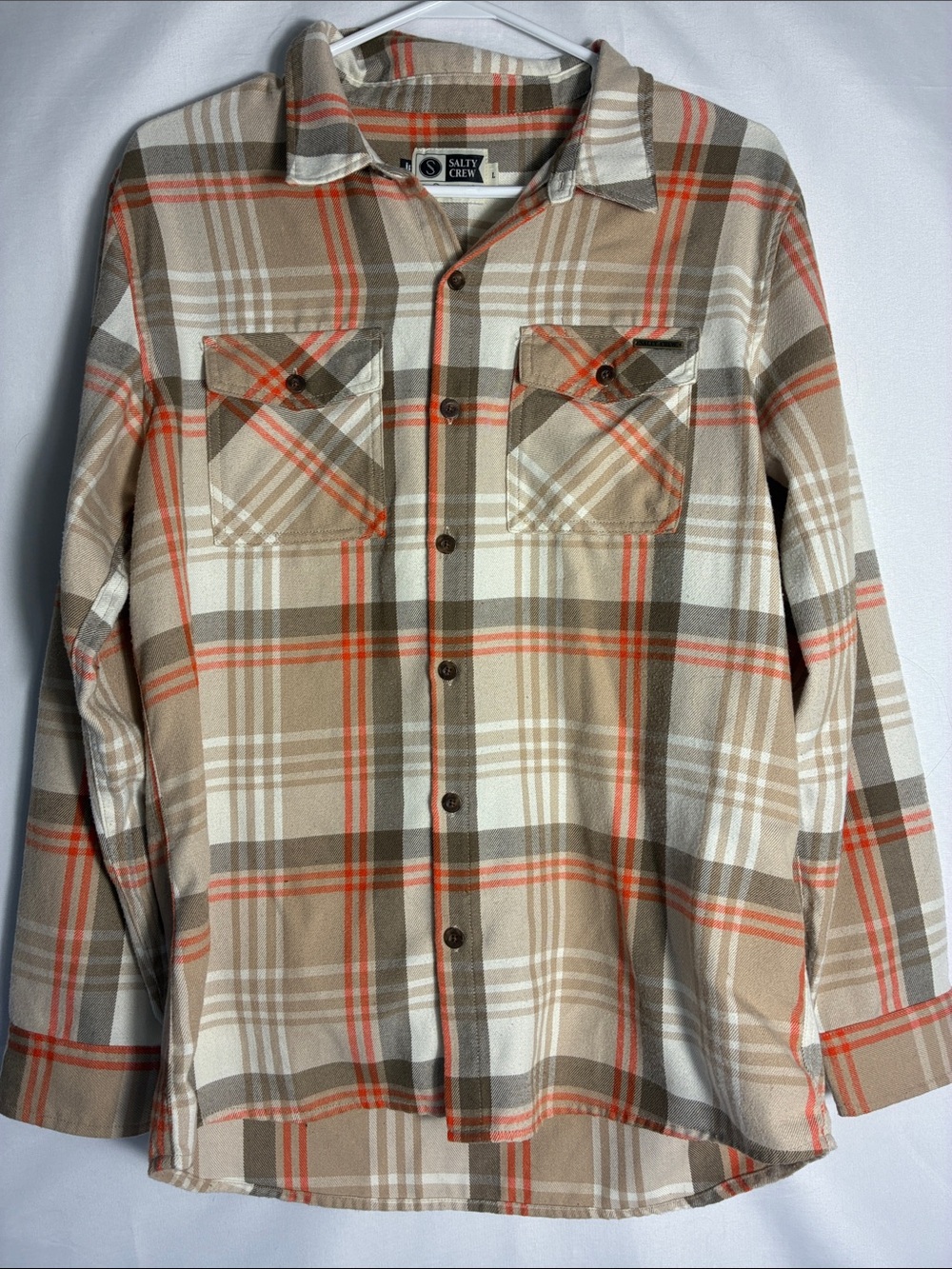 Salty Crew Men's Plaid Flannel Long Sleeve Button-Up Shirt Tan Orange White L